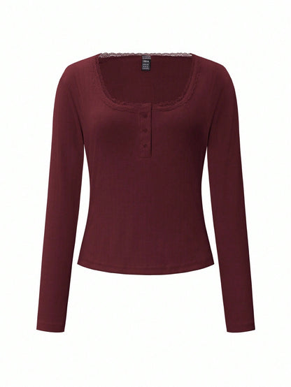 ChicEase Women Summer Sweet Lace Trim Long Sleeve T-Shirt,Slim 3-Button Casual Tee Tops,Burgundy,Autumn,Elegant, Wine Red Burgundy Dark Red Top