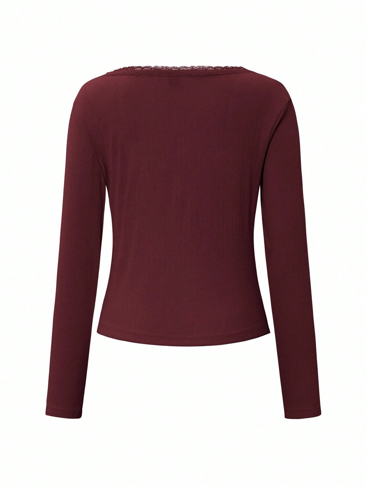 ChicEase Women Summer Sweet Lace Trim Long Sleeve T-Shirt,Slim 3-Button Casual Tee Tops,Burgundy,Autumn,Elegant, Wine Red Burgundy Dark Red Top