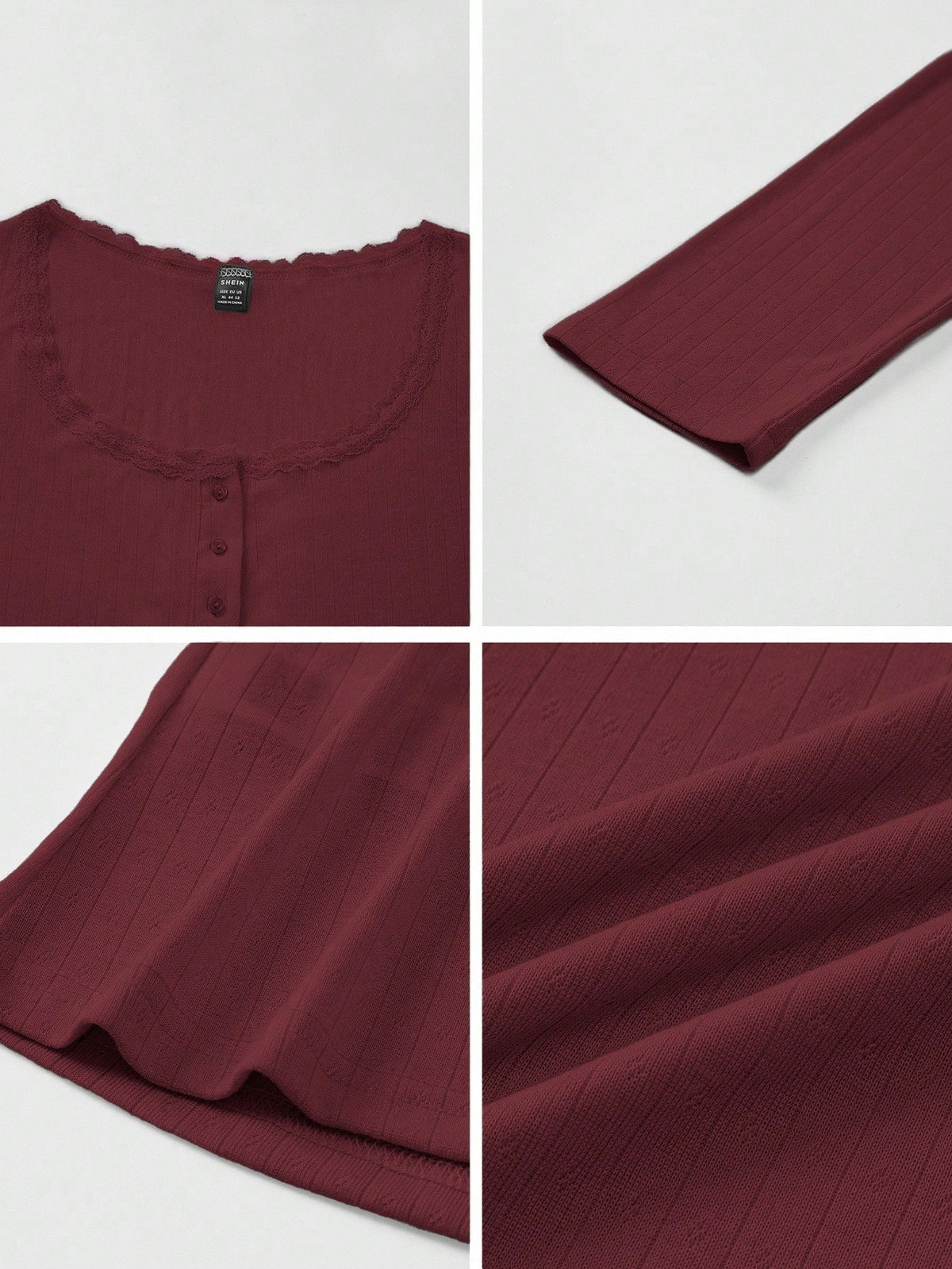 ChicEase Women Summer Sweet Lace Trim Long Sleeve T-Shirt,Slim 3-Button Casual Tee Tops,Burgundy,Autumn,Elegant, Wine Red Burgundy Dark Red Top