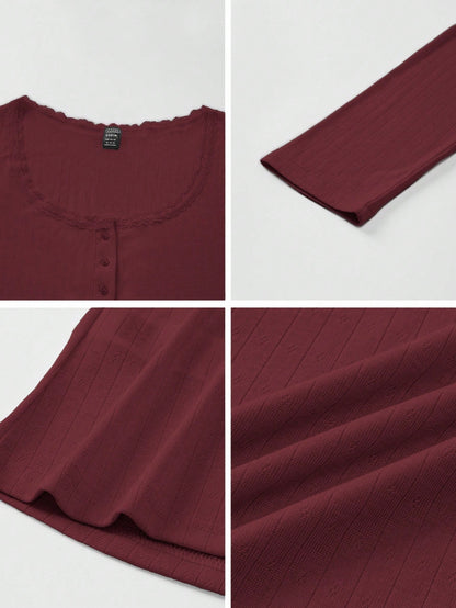 ChicEase Women Summer Sweet Lace Trim Long Sleeve T-Shirt,Slim 3-Button Casual Tee Tops,Burgundy,Autumn,Elegant, Wine Red Burgundy Dark Red Top