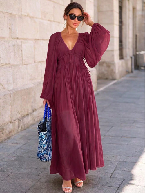 Chiffon Maxi Dress- Deep V-Neck With Puff Sleeves, Waist Cinched, Flowy Beach Vacation Sundress,Suitable For Beach Vacations And Travel.V-Neck,Fall