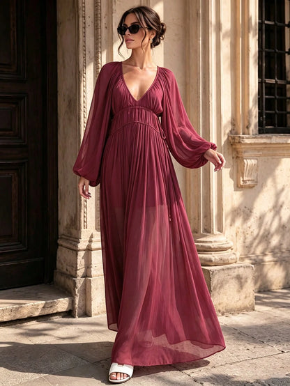 Chiffon Maxi Dress- Deep V-Neck With Puff Sleeves, Waist Cinched, Flowy Beach Vacation Sundress,Suitable For Beach Vacations And Travel.V-Neck,Fall