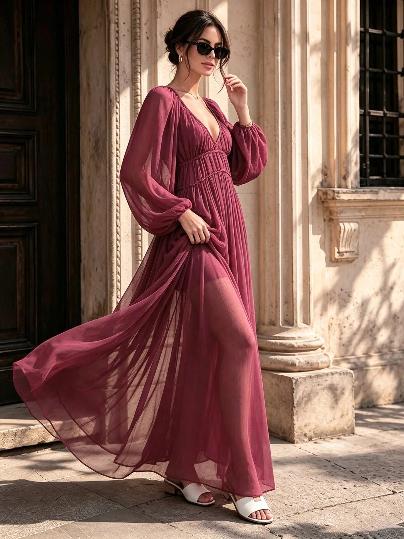 Chiffon Maxi Dress- Deep V-Neck With Puff Sleeves, Waist Cinched, Flowy Beach Vacation Sundress,Suitable For Beach Vacations And Travel.V-Neck,Fall