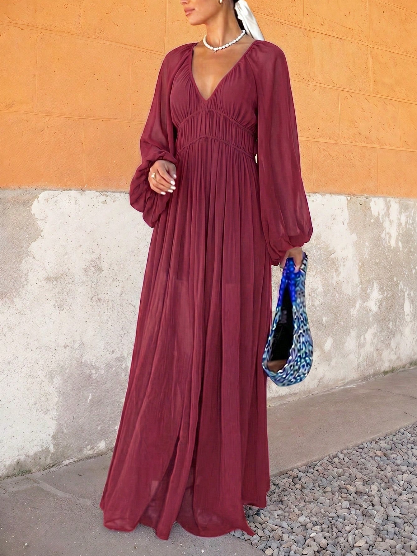 Chiffon Maxi Dress- Deep V-Neck With Puff Sleeves, Waist Cinched, Flowy Beach Vacation Sundress,Suitable For Beach Vacations And Travel.V-Neck,Fall