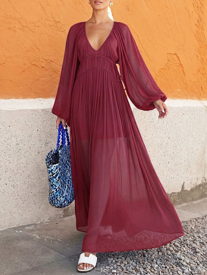 Chiffon Maxi Dress- Deep V-Neck With Puff Sleeves, Waist Cinched, Flowy Beach Vacation Sundress,Suitable For Beach Vacations And Travel.V-Neck,Fall