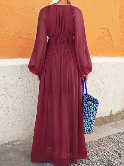 Chiffon Maxi Dress- Deep V-Neck With Puff Sleeves, Waist Cinched, Flowy Beach Vacation Sundress,Suitable For Beach Vacations And Travel.V-Neck,Fall