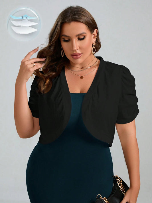 Chikora Plus Size Solid Color Short Cropped Jacket With Pleated & Puff Sleeves,Business Casual Woman Fall