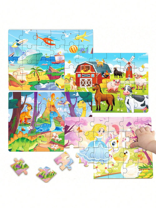 Children's Educational Puzzles- 4 Themes: Dinosaurs, Farm, Princess, And Vehicles- Paper Puzzles Designed For 3-6 Year Olds, With Simple Scene Illustrations To Stimulate Curiosity And Focus. Each Se