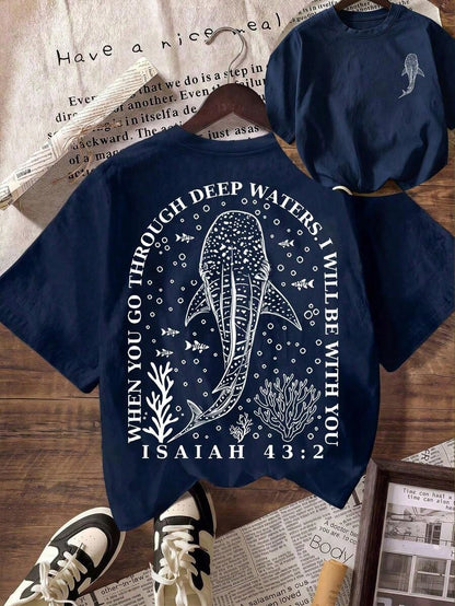 Christian Whale Shark Graphic T-Shirt, Bible Verse T-Shirt, Ocean Faith, Women's Casual Round Neck Short Sleeve T-Shirt, Summer Holiday Beach Outfit