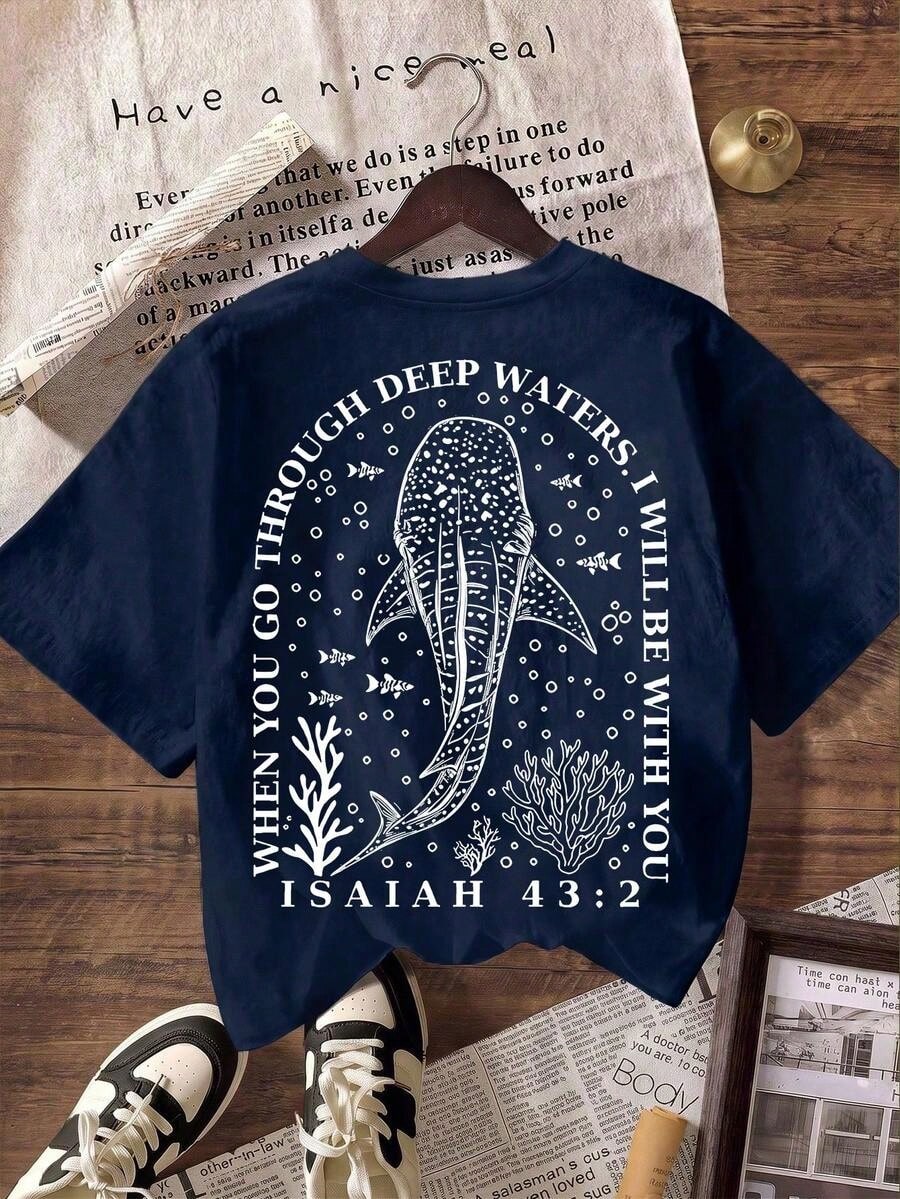 Christian Whale Shark Graphic T-Shirt, Bible Verse T-Shirt, Ocean Faith, Women's Casual Round Neck Short Sleeve T-Shirt, Summer Holiday Beach Outfit