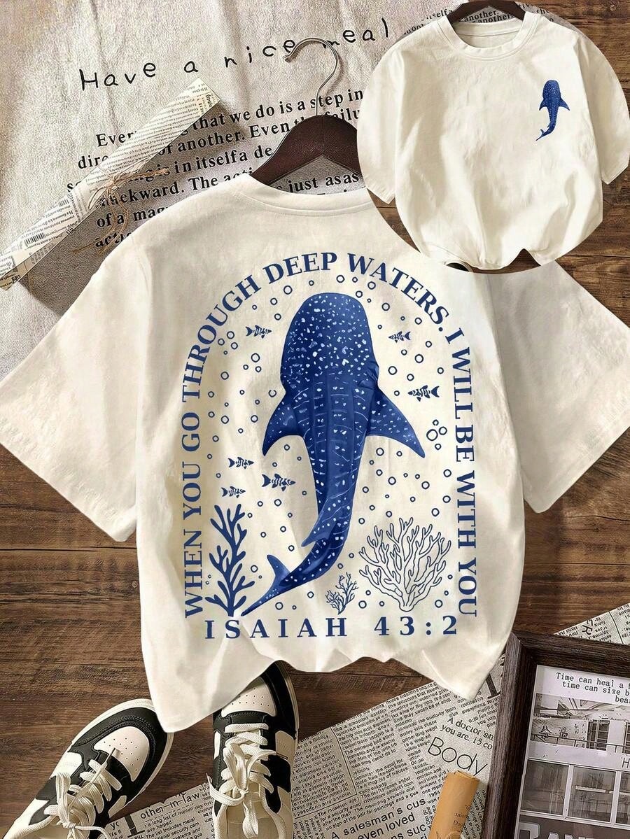 Christian Whale Shark Graphic T-Shirt, Bible Verse T-Shirt, Ocean Faith, Women's Casual Round Neck Short Sleeve T-Shirt, Summer Holiday Beach Outfit