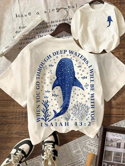 Christian Whale Shark Graphic T-Shirt, Bible Verse T-Shirt, Ocean Faith, Women's Casual Round Neck Short Sleeve T-Shirt, Summer Holiday Beach Outfit