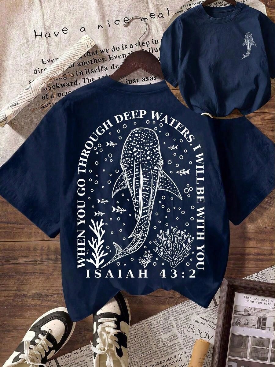 Christian Whale Shark Graphic T-Shirt, Bible Verse T-Shirt, Ocean Faith, Women's Casual Round Neck Short Sleeve T-Shirt, Summer Holiday Beach Outfit