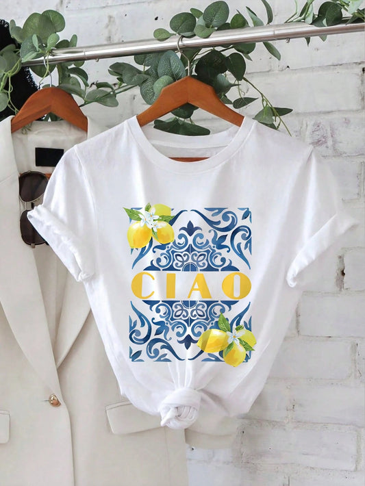 CIAO & Lemon Print Casual Round Neck Short Sleeve T-Shirt, Summer White