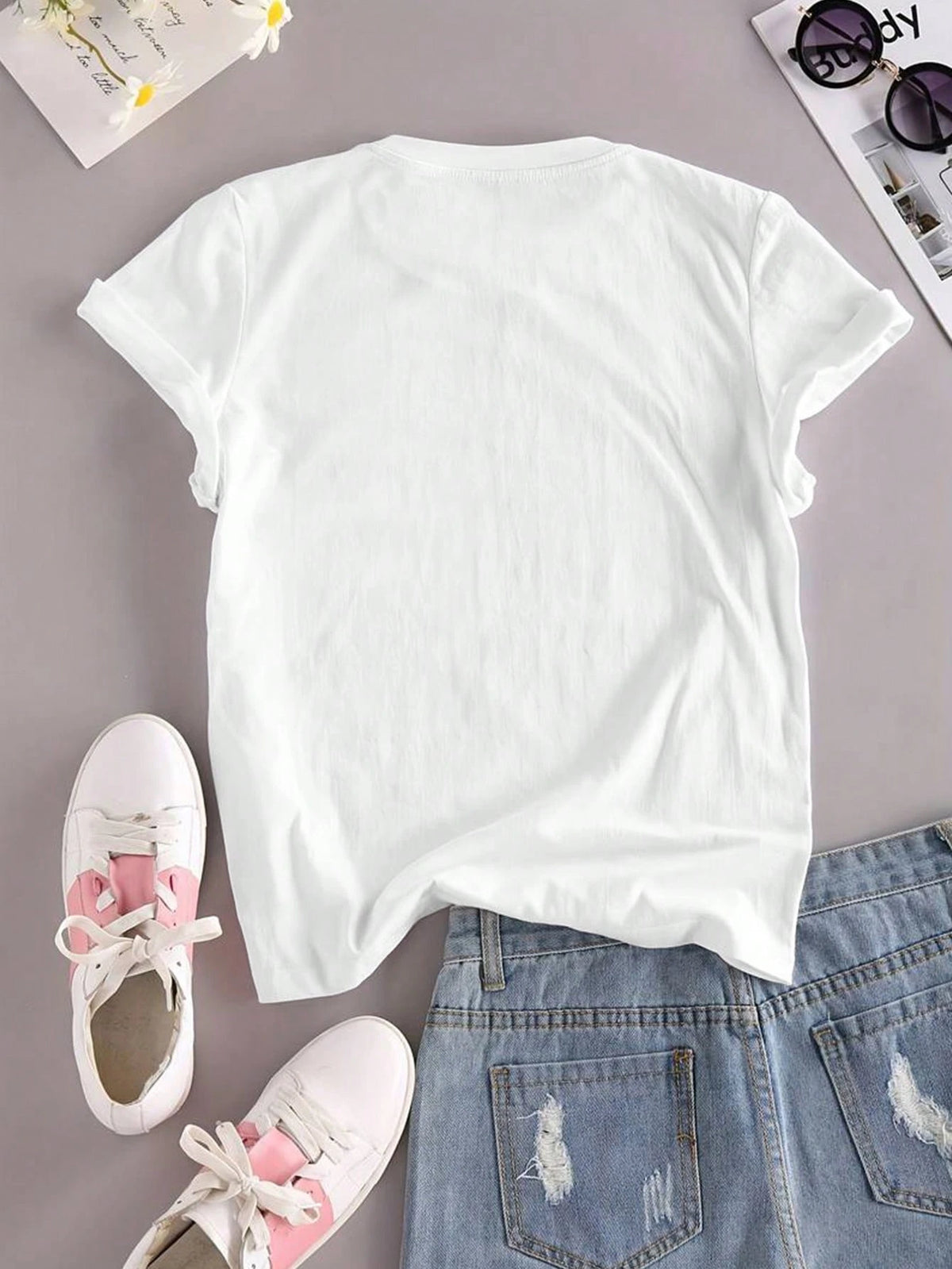 CIAO & Lemon Print Casual Round Neck Short Sleeve T-Shirt, Summer White