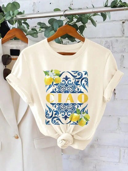 CIAO & Lemon Print Casual Round Neck Short Sleeve T-Shirt, Summer White