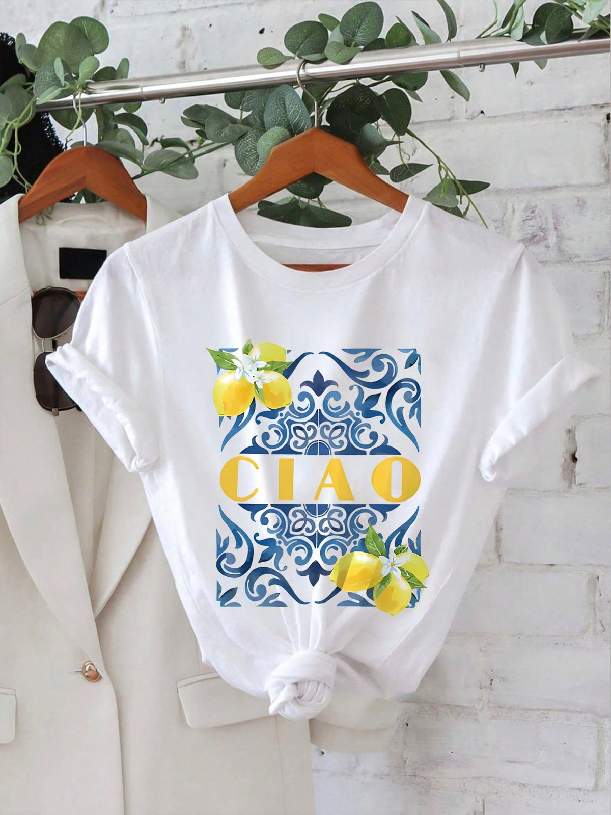 CIAO & Lemon Print Casual Round Neck Short Sleeve T-Shirt, Summer White