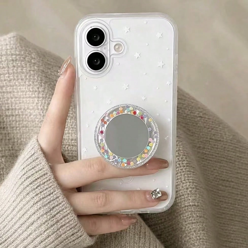 Circular Colored Sparkling Diamond Mirror Adhesive Phone Holder, Compatible With All Phones, Cute Desktop Stand
