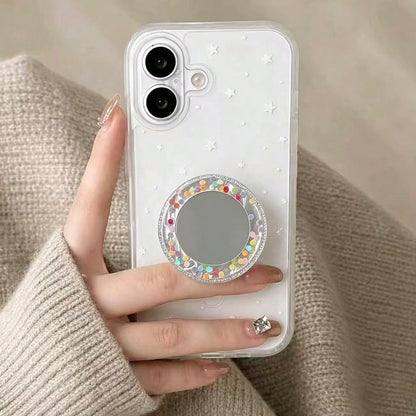 Circular Colored Sparkling Diamond Mirror Adhesive Phone Holder, Compatible With All Phones, Cute Desktop Stand