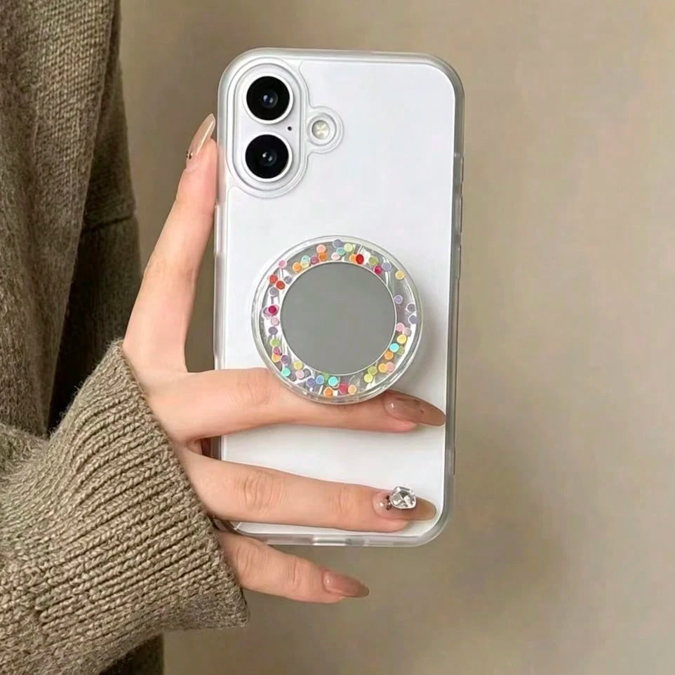 Circular Colored Sparkling Diamond Mirror Adhesive Phone Holder, Compatible With All Phones, Cute Desktop Stand