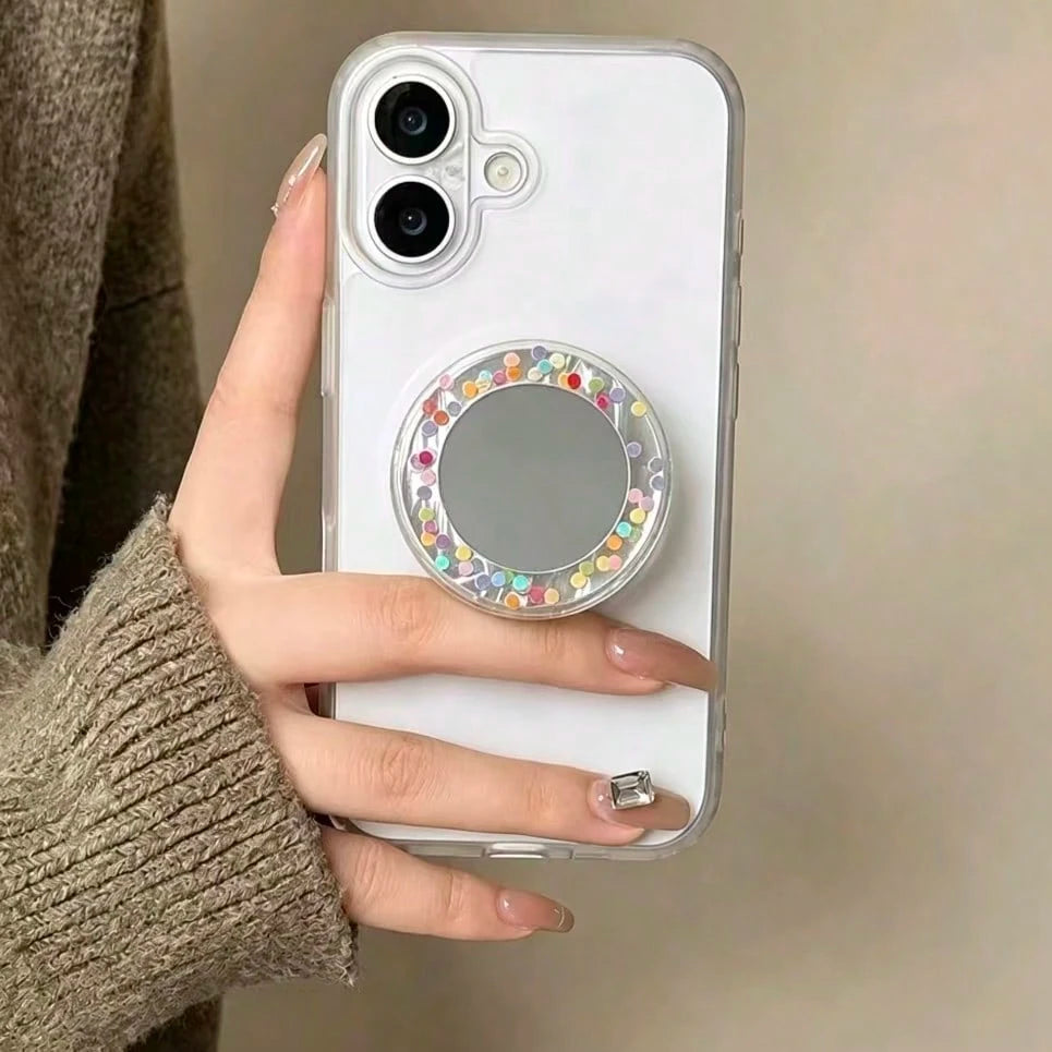 Circular Colored Sparkling Diamond Mirror Adhesive Phone Holder, Compatible With All Phones, Cute Desktop Stand