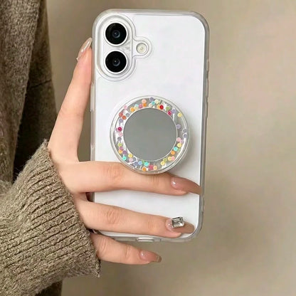 Circular Colored Sparkling Diamond Mirror Adhesive Phone Holder, Compatible With All Phones, Cute Desktop Stand