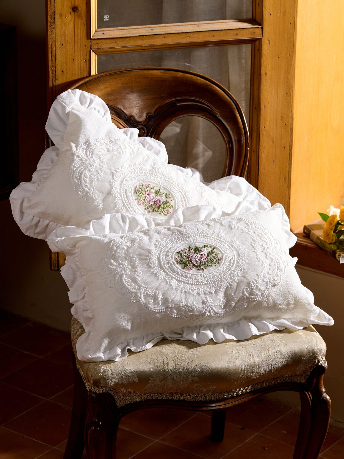 Cirelle 1pc Floral Embroidered Ruffle Trim Cushion Cover Without Filler, Modern Embroidered Design Decorative Cushion Cover For Bed, Sofa