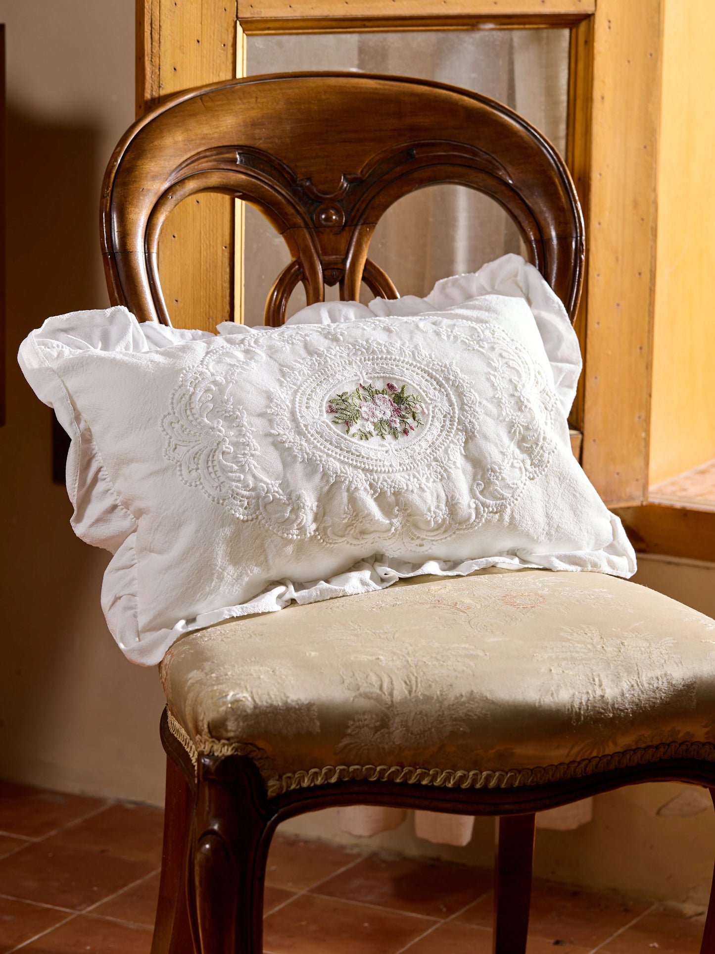 Cirelle 1pc Floral Embroidered Ruffle Trim Cushion Cover Without Filler, Modern Embroidered Design Decorative Cushion Cover For Bed, Sofa