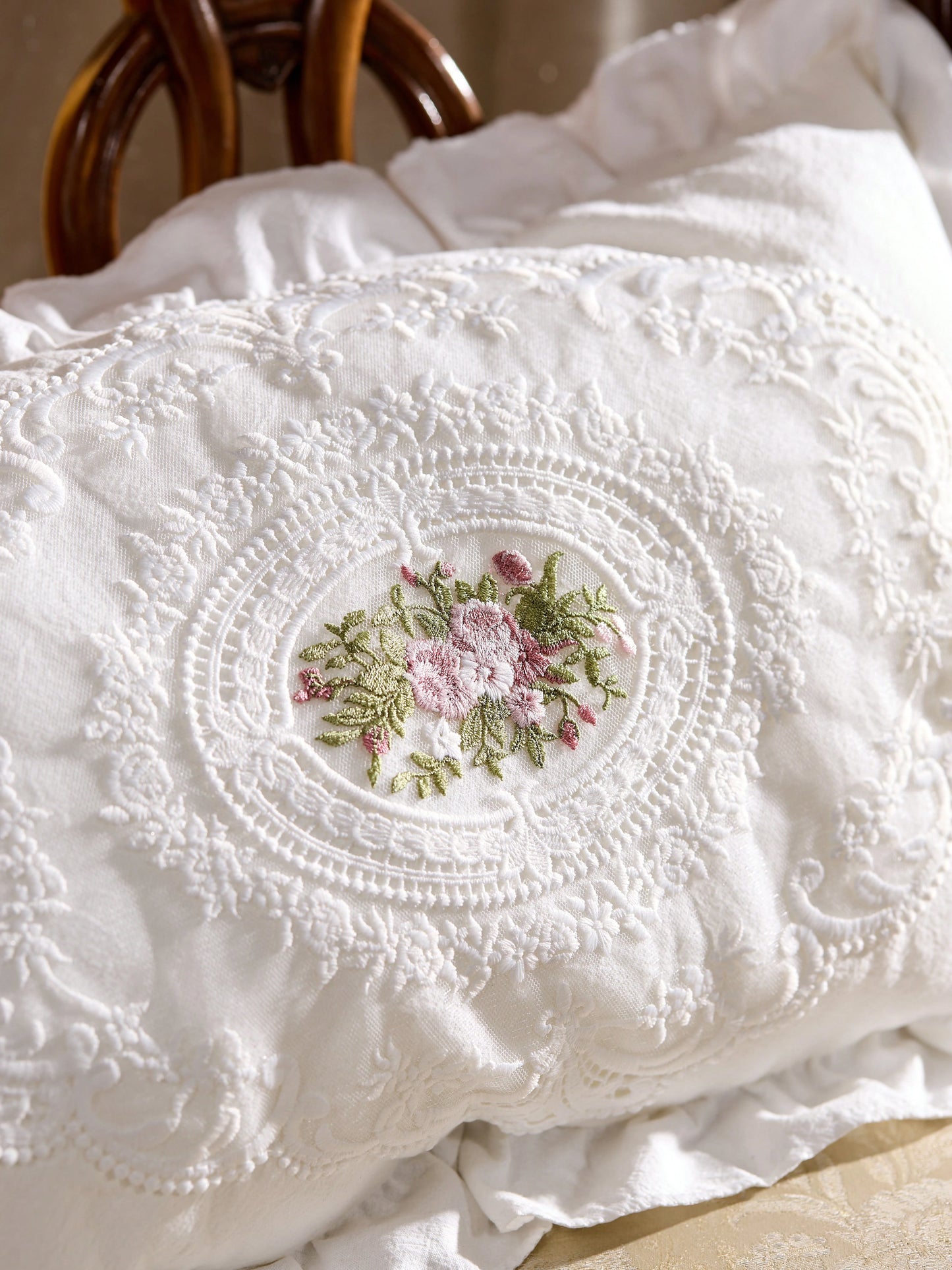 Cirelle 1pc Floral Embroidered Ruffle Trim Cushion Cover Without Filler, Modern Embroidered Design Decorative Cushion Cover For Bed, Sofa