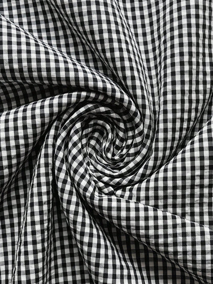 Clasi Black And White Checkered Gingham Plaid Casual 70s 2000s Vintage Round Neck Short Sleeve Fitted Mid-Length Dress Summer Vacation Travel