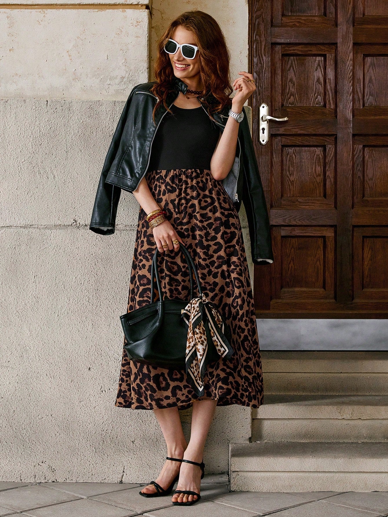 Clasi Casual Leopard Printed Splice Sleeveless Dress Fall Women Outfits,Summer Dresses For Spring Outfit Tops Vacation Print