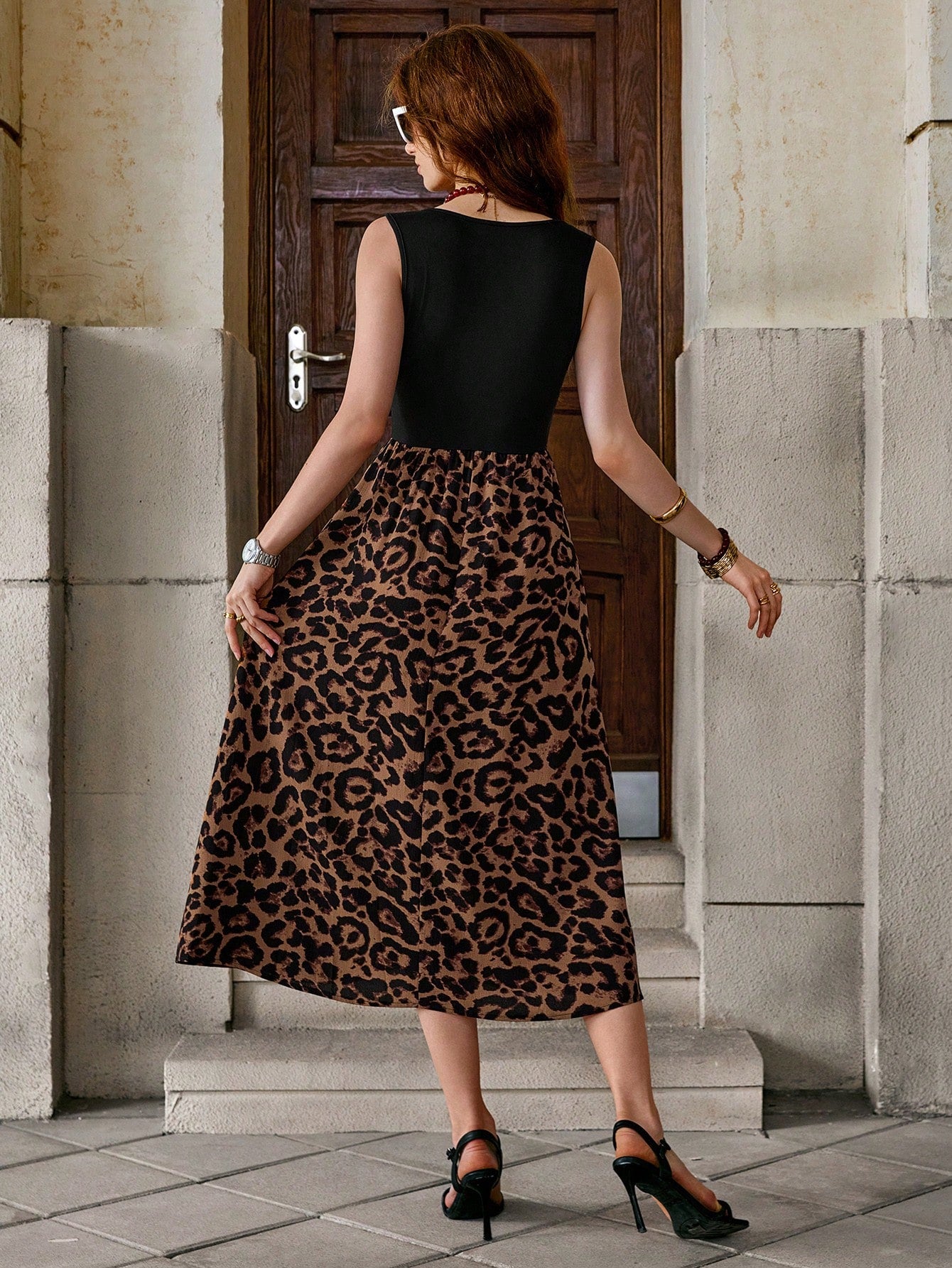 Clasi Casual Leopard Printed Splice Sleeveless Dress Fall Women Outfits,Summer Dresses For Spring Outfit Tops Vacation Print