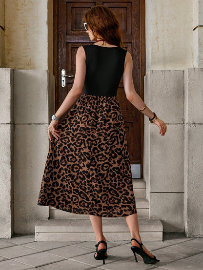 Clasi Casual Leopard Printed Splice Sleeveless Dress Fall Women Outfits,Summer Dresses For Spring Outfit Tops Vacation Print