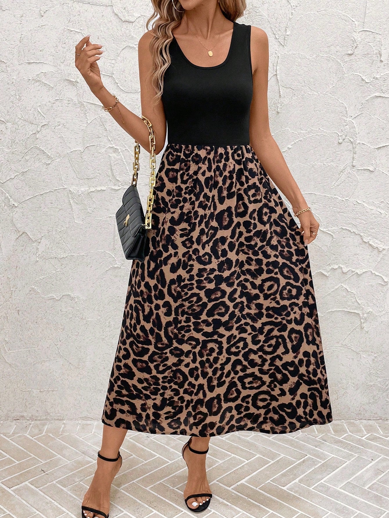 Clasi Casual Leopard Printed Splice Sleeveless Dress Fall Women Outfits,Summer Dresses For Spring Outfit Tops Vacation Print