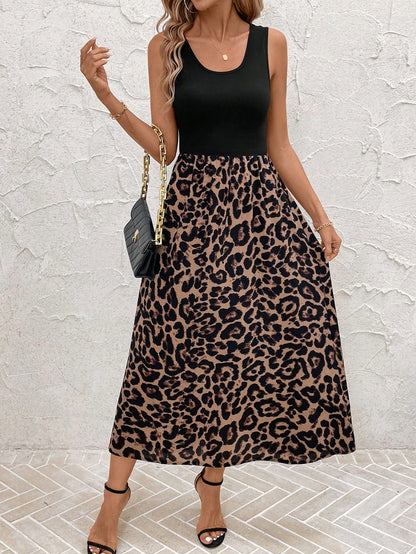 Clasi Casual Leopard Printed Splice Sleeveless Dress Fall Women Outfits,Summer Dresses For Spring Outfit Tops Vacation Print
