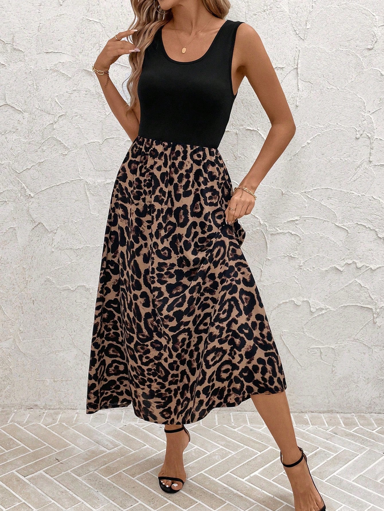 Clasi Casual Leopard Printed Splice Sleeveless Dress Fall Women Outfits,Summer Dresses For Spring Outfit Tops Vacation Print