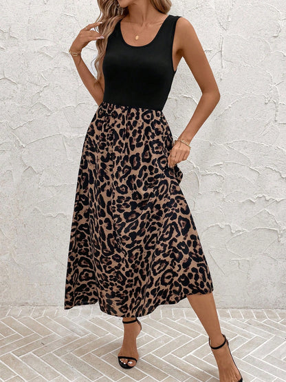 Clasi Casual Leopard Printed Splice Sleeveless Dress Fall Women Outfits,Summer Dresses For Spring Outfit Tops Vacation Print