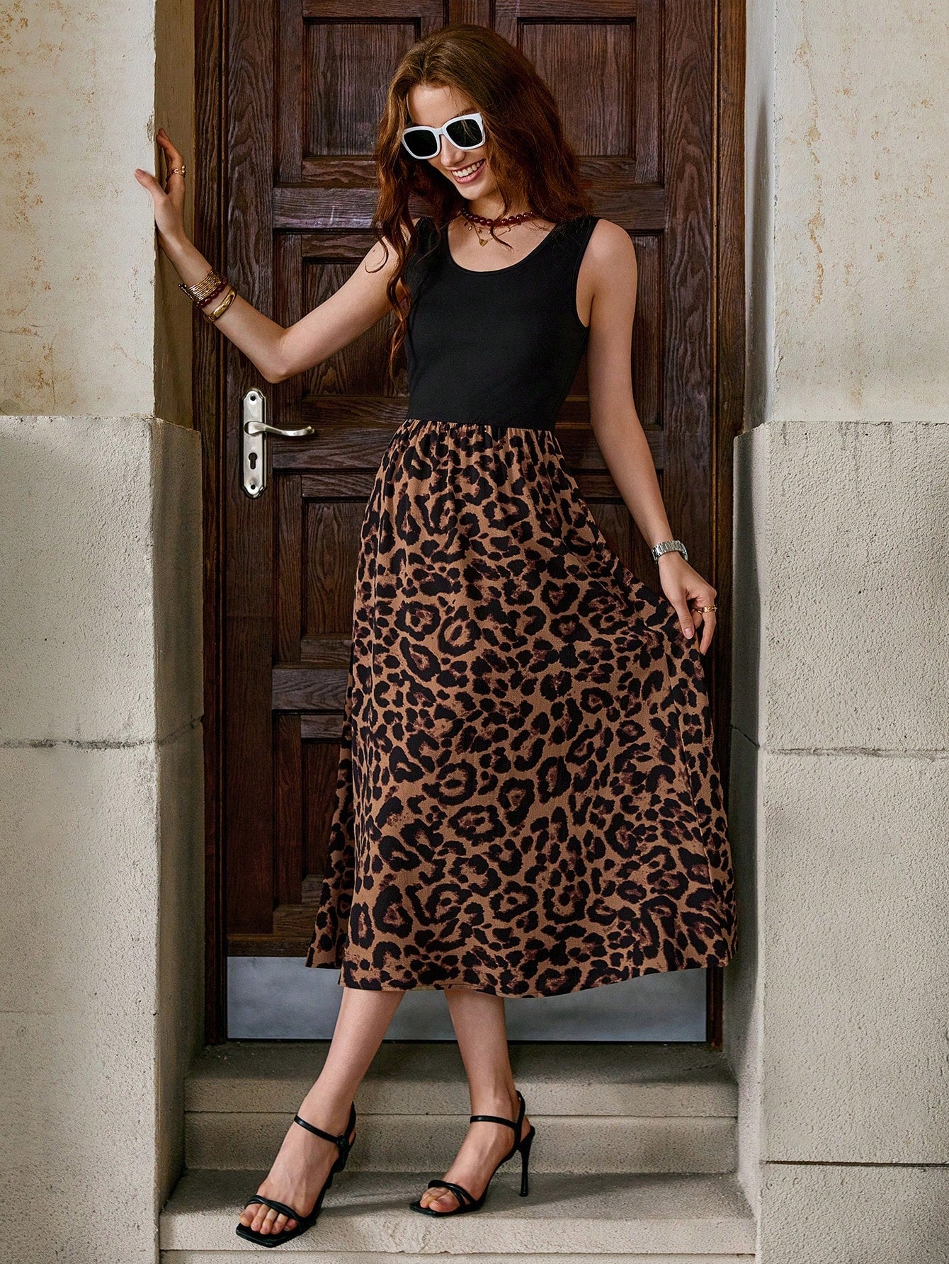 Clasi Casual Leopard Printed Splice Sleeveless Dress Fall Women Outfits,Summer Dresses For Spring Outfit Tops Vacation Print