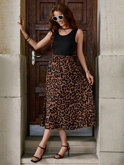 Clasi Casual Leopard Printed Splice Sleeveless Dress Fall Women Outfits,Summer Dresses For Spring Outfit Tops Vacation Print
