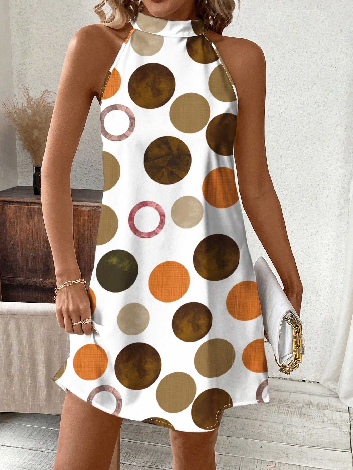 Clasi Casual Polka Dot Pattern Neck-Tie Loose Short Women Dress, Suitable For Summer Suitable For Going Out Chic Dress