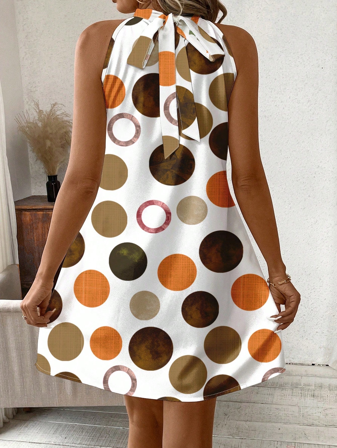 Clasi Casual Polka Dot Pattern Neck-Tie Loose Short Women Dress, Suitable For Summer Suitable For Going Out Chic Dress