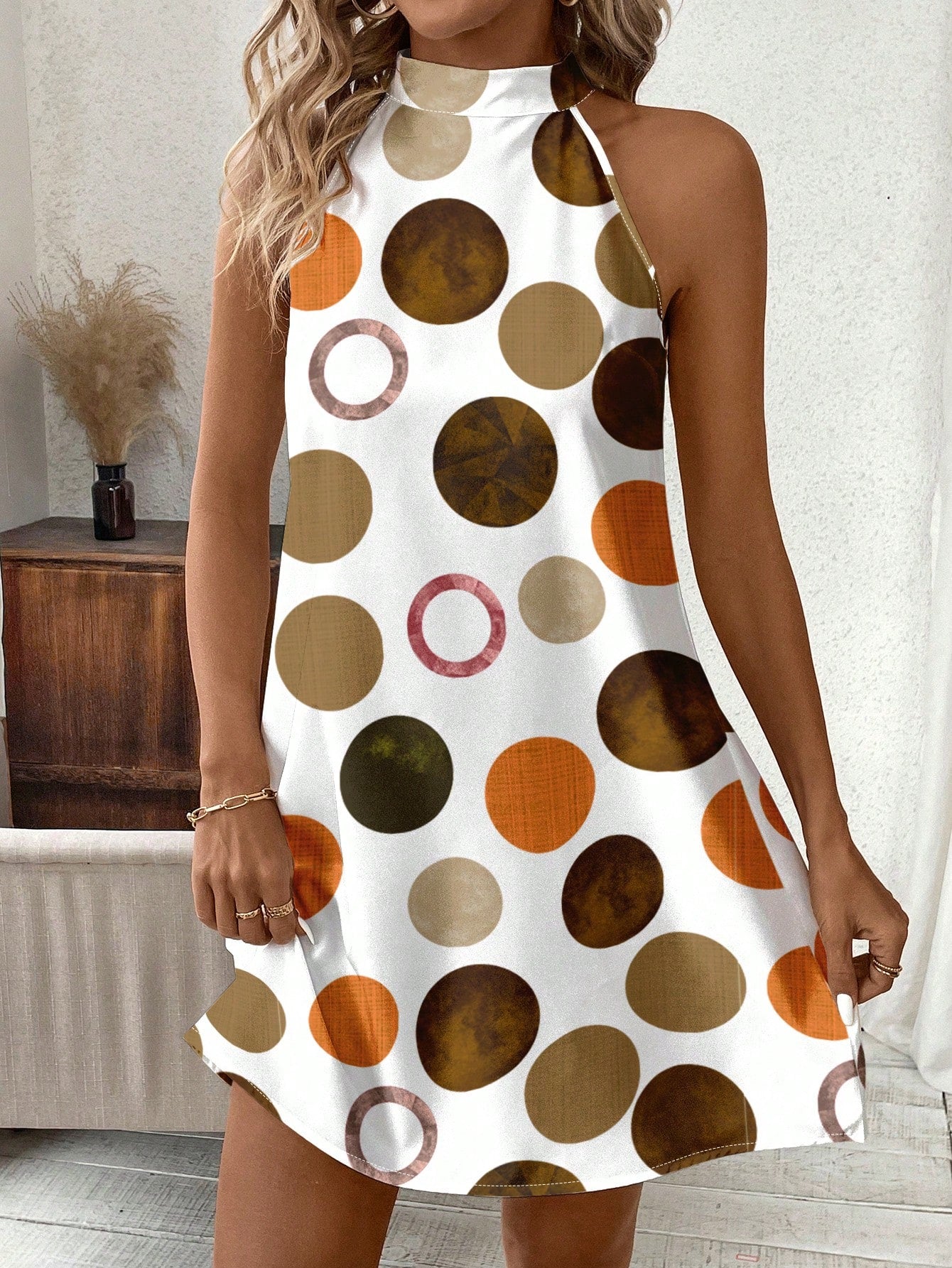 Clasi Casual Polka Dot Pattern Neck-Tie Loose Short Women Dress, Suitable For Summer Suitable For Going Out Chic Dress