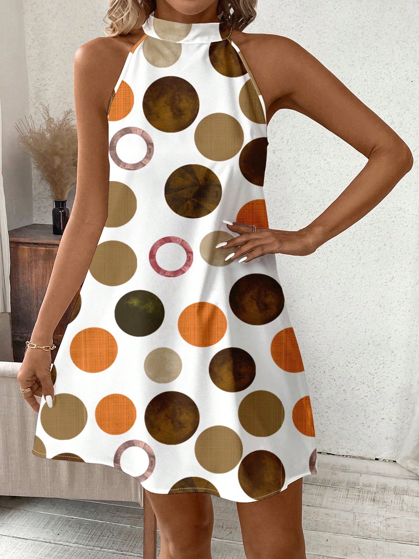Clasi Casual Polka Dot Pattern Neck-Tie Loose Short Women Dress, Suitable For Summer Suitable For Going Out Chic Dress