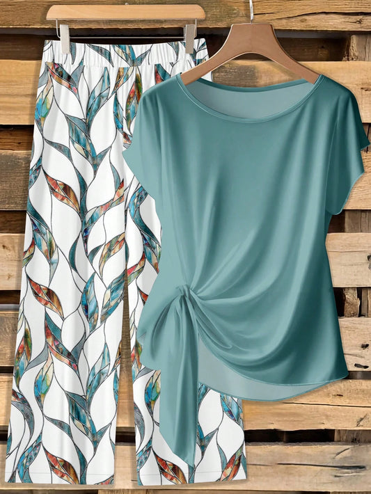 Clasi Women 2pcs Summer Outfits,Green Floral Boho Casual Vacation Holiday Minimalist Bowknot Shirt & Loose Straight Geometric Print Pants Set,Beach Outfit