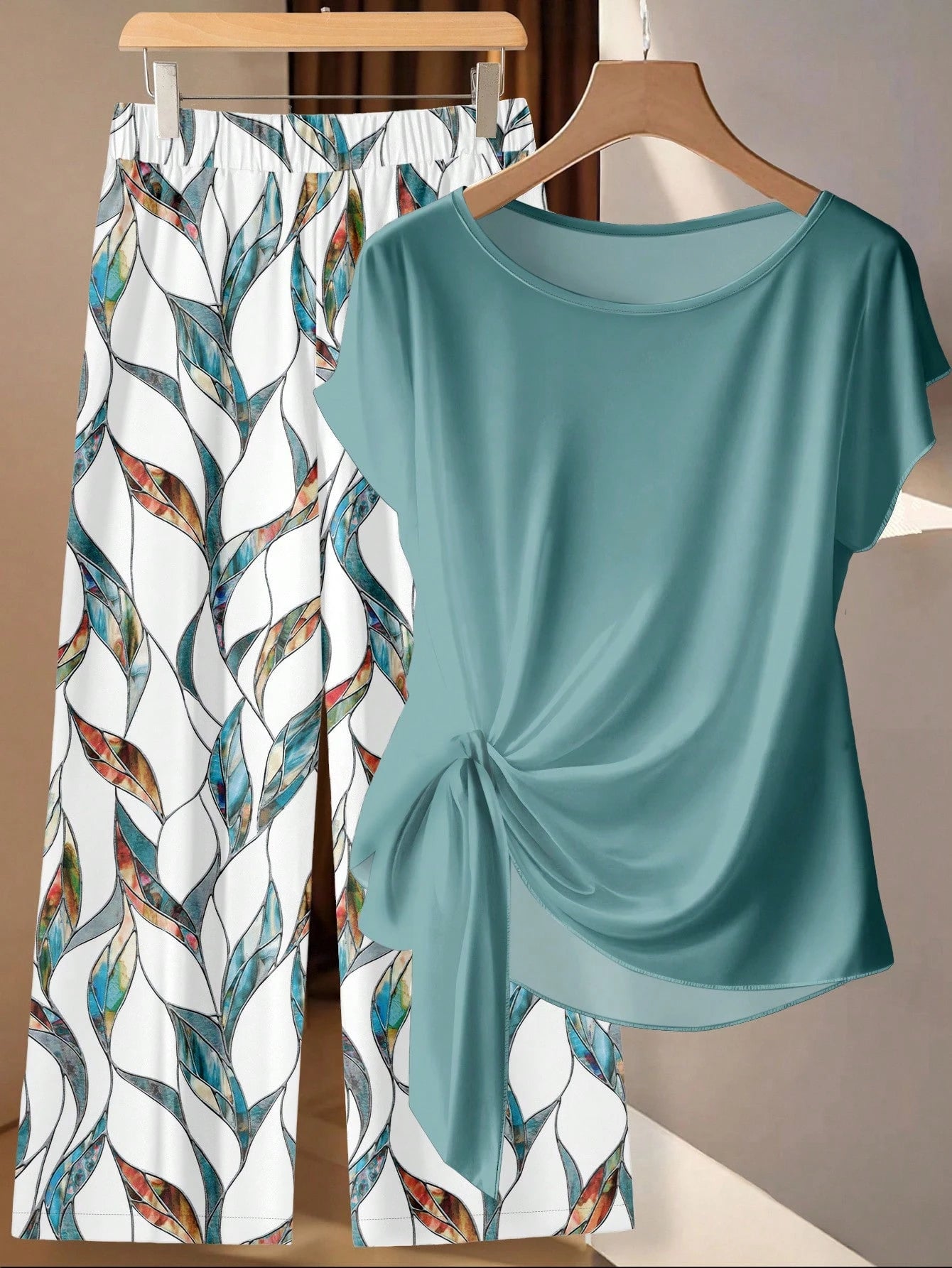 Clasi Women 2pcs Summer Outfits,Green Floral Boho Casual Vacation Holiday Minimalist Bowknot Shirt & Loose Straight Geometric Print Pants Set,Beach Outfit