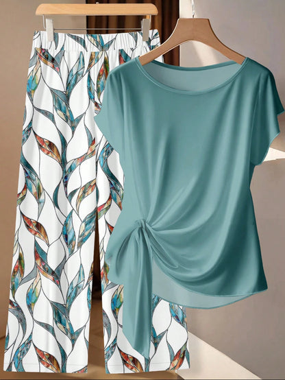 Clasi Women 2pcs Summer Outfits,Green Floral Boho Casual Vacation Holiday Minimalist Bowknot Shirt & Loose Straight Geometric Print Pants Set,Beach Outfit