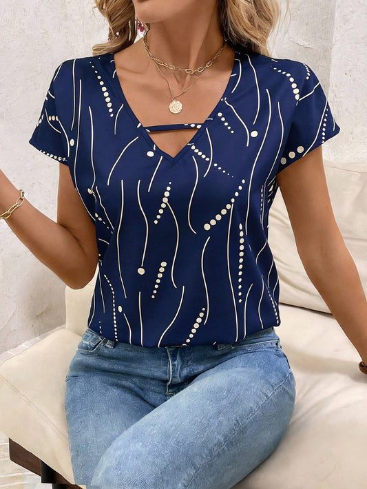 Clasi Women Hollow-Out Allover Print Casual Short Sleeve Top V Neck Blouses For Summer Navy Blue Blouse Tops