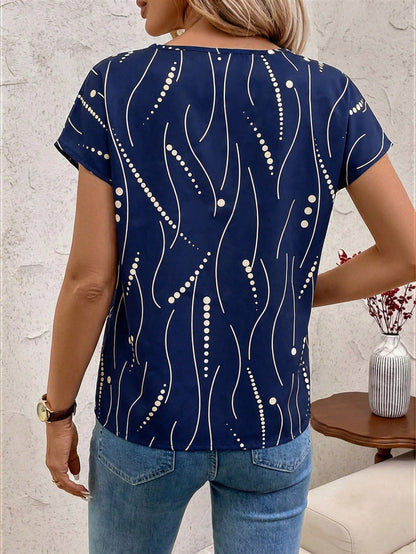 Clasi Women Hollow-Out Allover Print Casual Short Sleeve Top V Neck Blouses For Summer Navy Blue Blouse Tops