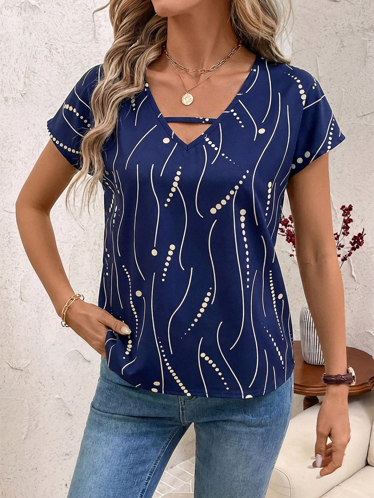 Clasi Women Hollow-Out Allover Print Casual Short Sleeve Top V Neck Blouses For Summer Navy Blue Blouse Tops