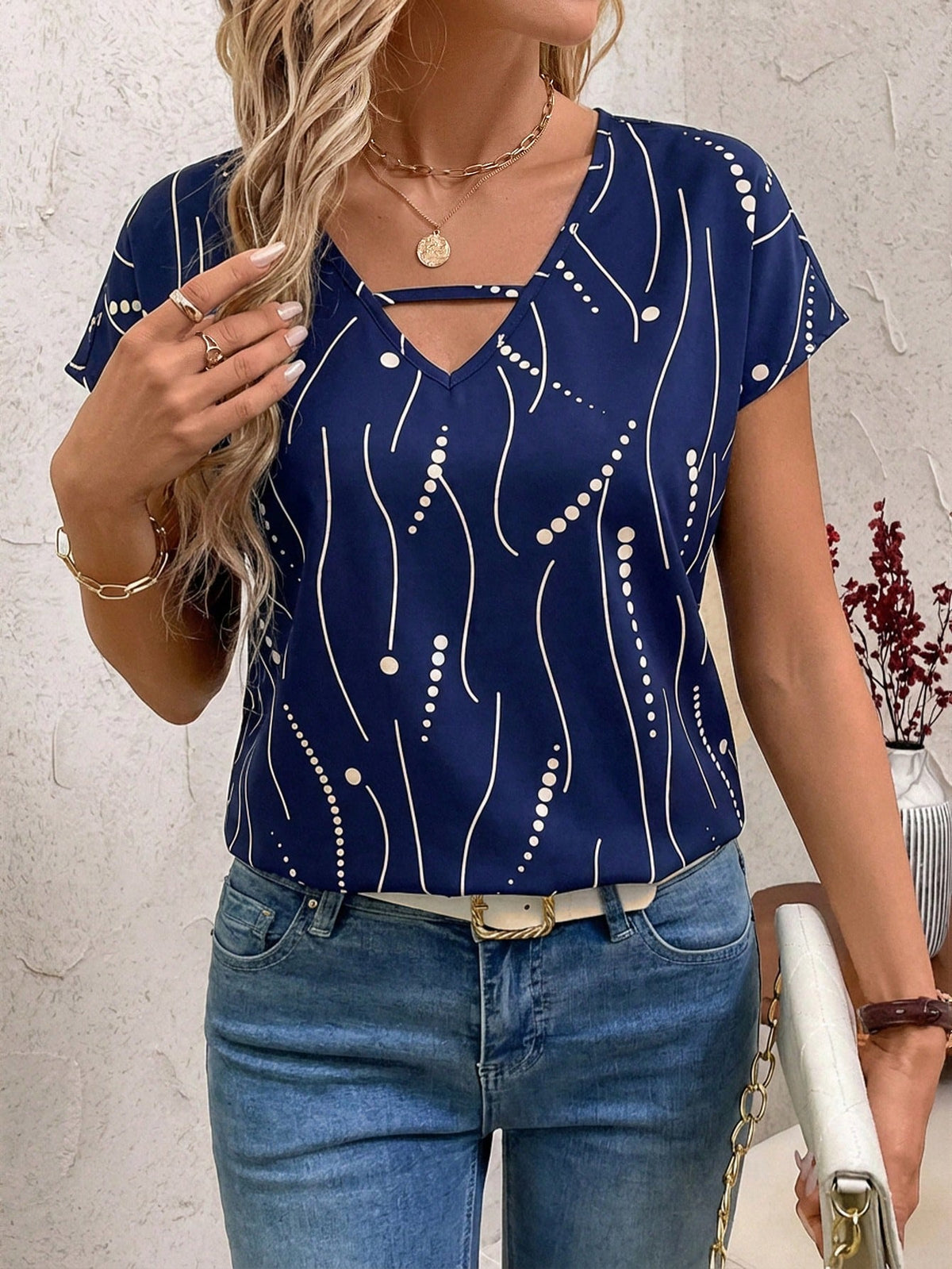 Clasi Women Hollow-Out Allover Print Casual Short Sleeve Top V Neck Blouses For Summer Navy Blue Blouse Tops